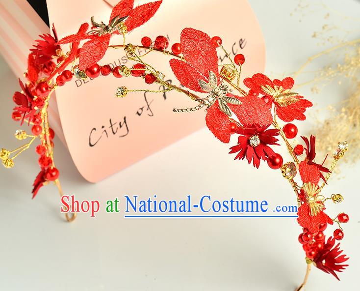 Top Grade Handmade Chinese Classical Hair Accessories Princess Wedding Red Flowers Dragonfly Hair Clasp Headband Bride Headwear for Women