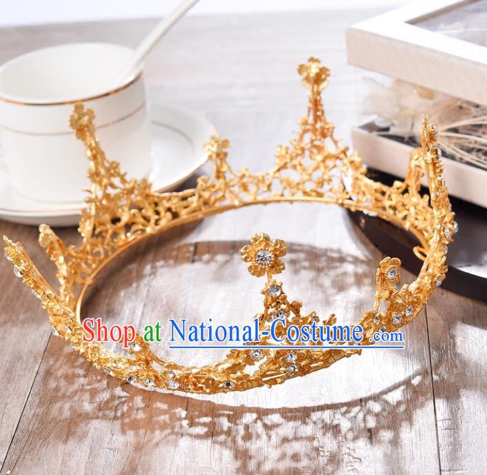 Top Grade Handmade Hair Accessories Baroque Queen Crystal Golden Round Royal Crown, Bride Wedding Hair Jewellery Princess Imperial Crown for Women