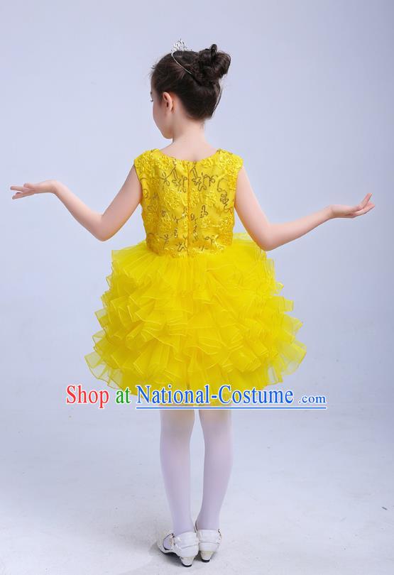 Top Grade Chinese Compere Professional Performance Catwalks Costume, Children Princess Bubble Yellow Full Dress Modern Dance Dress for Girls Kids