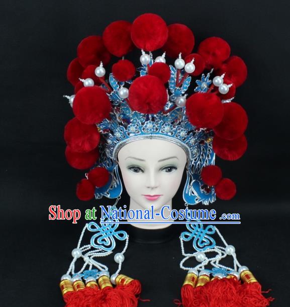 Traditional China Beijing Opera Swordplay Hair Accessories Red Venonat Hat, Ancient Chinese Peking Opera Blues Headwear Phoenix Coronet