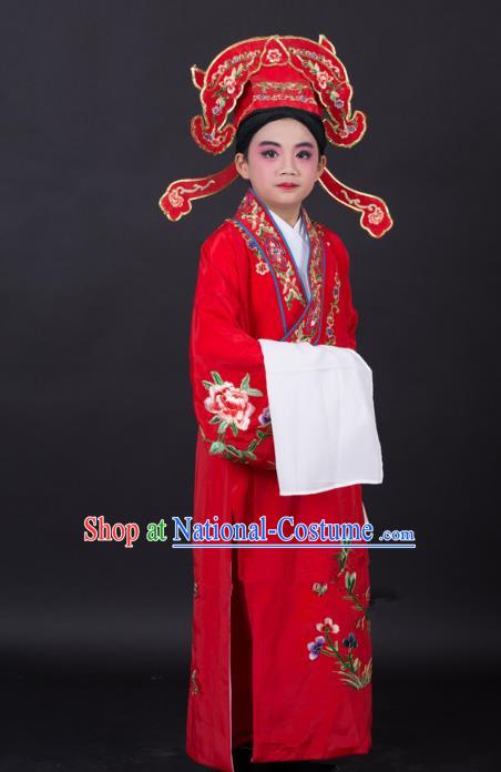 Top Grade Professional Beijing Opera Niche Costume Gifted Scholar Red Embroidered Robe and Headwear, Traditional Ancient Chinese Peking Opera Embroidery Clothing for Kids