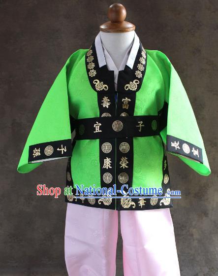 Traditional South Korean Handmade Hanbok Children Baby Birthday Customization Green Uniform and Embroidery Belt, Top Grade Korea Hanbok Costume Complete Set for Boys