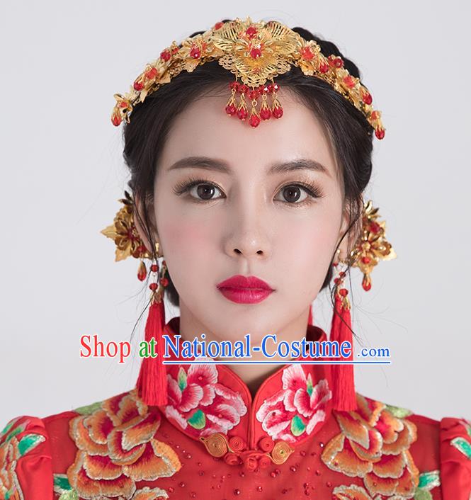 Traditional Handmade Chinese Ancient Classical Hair Accessories Complete Set Bride Wedding Red Beads Tassel Hair Clasp, Xiuhe Suit Hair Jewellery Hair Fascinators Hairpins for Women