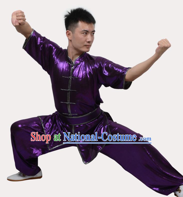Top Grade Linen Martial Arts Costume Kung Fu Training Plated Buttons Clothing, Tai Ji Southern Fist Purple Uniform Gongfu Wushu Costume for Women for Men