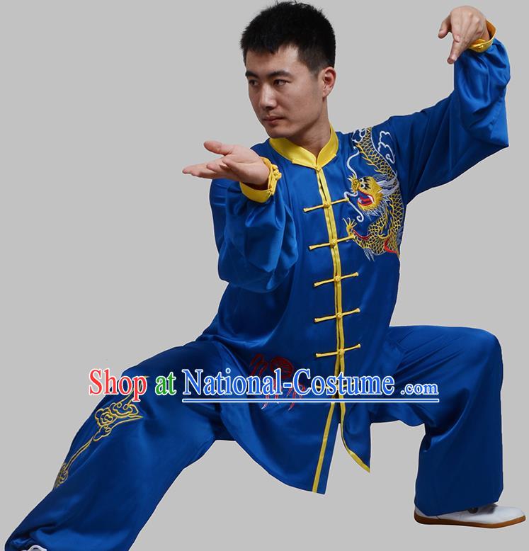 Top Grade China Martial Arts Costume Kung Fu Training Embroidery Blue Clothing, Chinese Embroidery Dragon Tai Ji Uniform Gongfu Wushu Costume for Men