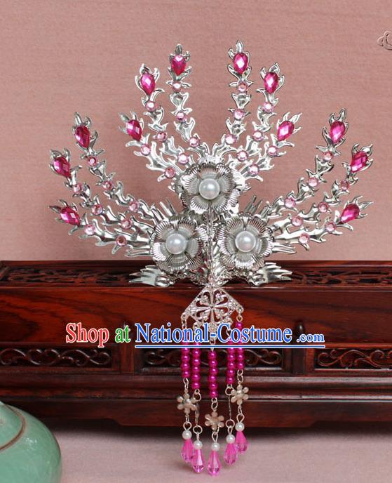 Traditional Handmade Chinese Hair Accessories Princess Rosy Crystal Phoenix Hairpins, Tang Dynasty Palace Lady Tassel Frontlet Step Shake for Women