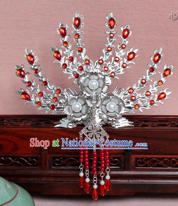 Traditional Handmade Chinese Hair Accessories Princess Red Crystal Phoenix Hairpins, Tang Dynasty Palace Lady Tassel Frontlet Step Shake for Women