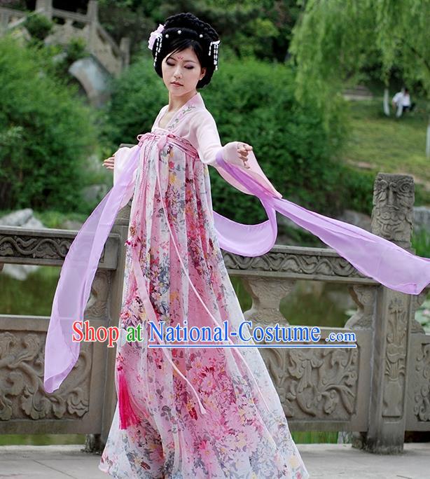 Asian Chinese Tang Dynasty Imperial Concubine Costume, Ancient China Palace Lady Printing Clothing for Women