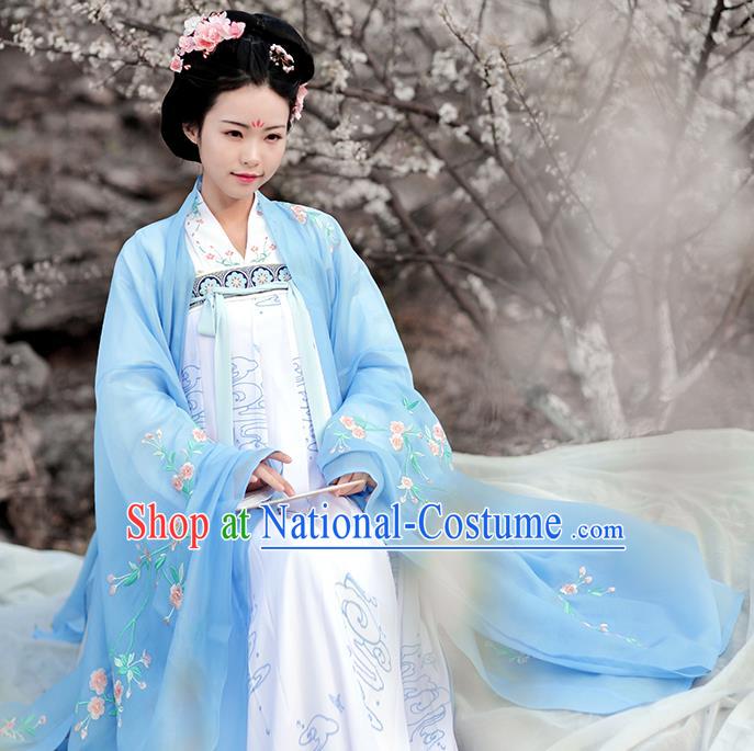 Asian Chinese Tang Dynasty Palace Lady Embroidered Wide Sleeve Cardigan, Ancient China Princess Hanfu Blue Cloak Clothing for Women