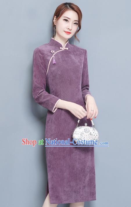 Traditional Chinese National Costume Hanfu Purple Qipao Dress, China Tang Suit Cheongsam for Women