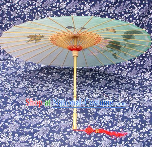 China Traditional Dance Handmade Umbrella Printing Greenish Lily Flower Oil-paper Umbrella Stage Performance Props Umbrellas
