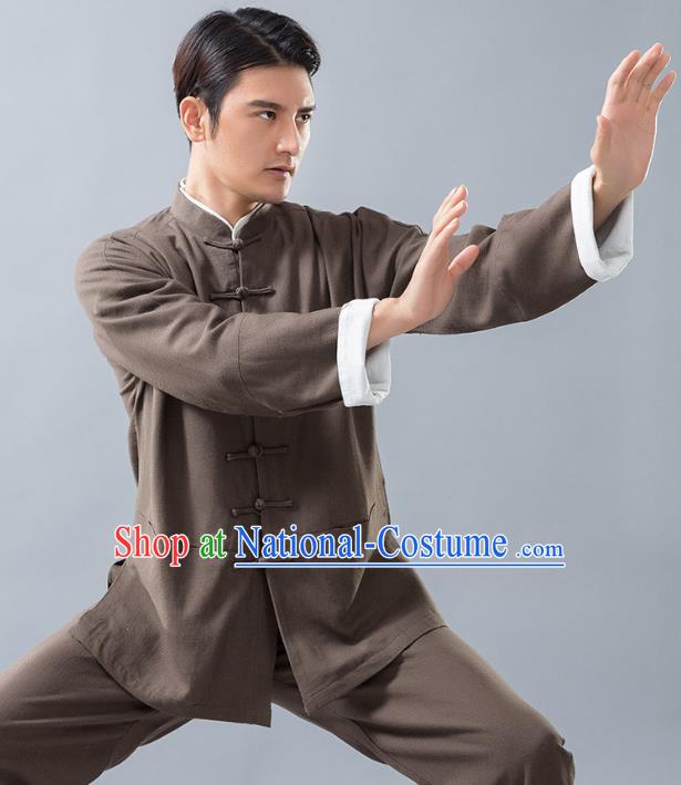 Top Grade Chinese Kung Fu Costume, China Martial Arts Tai Ji Training Brown Linen Uniform Gongfu Clothing for Men