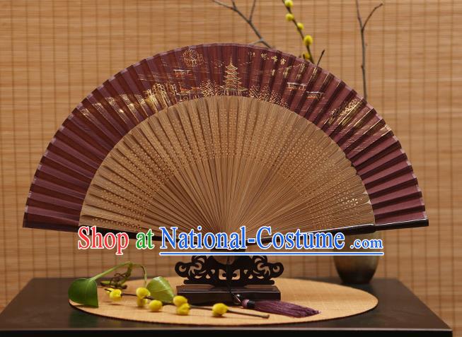 Traditional Chinese Crafts Hand Painting Leifeng Pagoda Amaranth Silk Folding Fan, China Handmade Bamboo Fans for Women