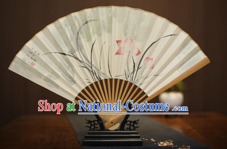 Traditional Chinese Crafts Collectables Autograph Xuan Paper Folding Fan, China Handmade Painting Lotus Fans for Men