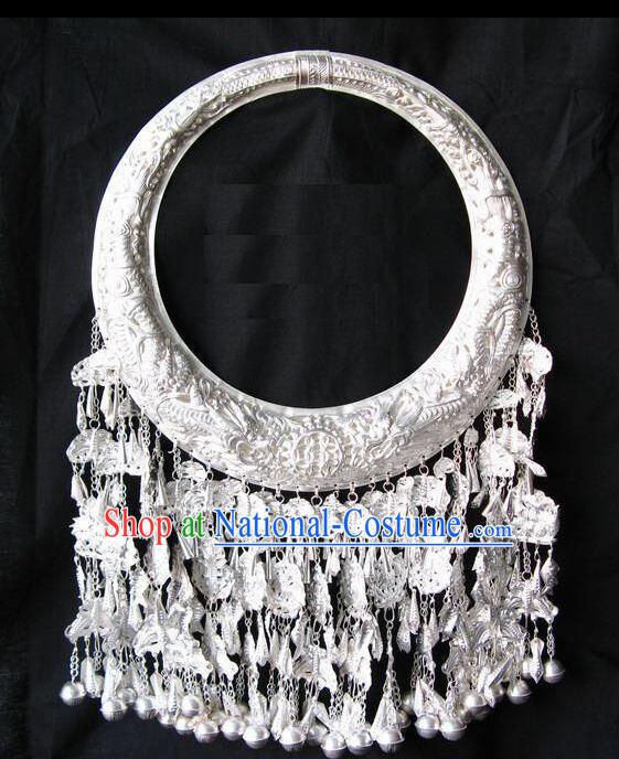 Chinese Traditional Miao Nationality Longevity Lock Hmong Tassel Necklace for Women