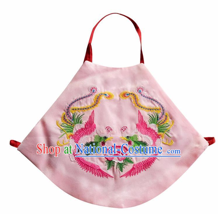 Chinese Classical Pink Brocade Bellyband Traditional Baby Embroidered Double Phoenix Stomachers for Kids