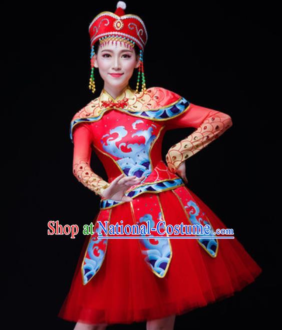 Chinese Traditional Mongol Nationality Folk Dance Costume Mongolian Minority Drum Dance Short Dress for Women