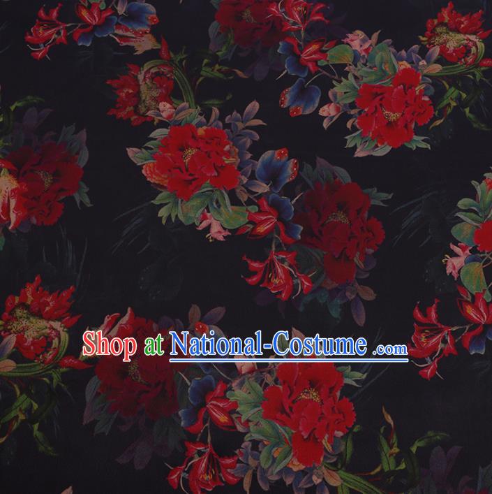 Chinese Traditional Brocade Fabric Palace Peony Pattern Black Satin Plain Cheongsam Silk Drapery