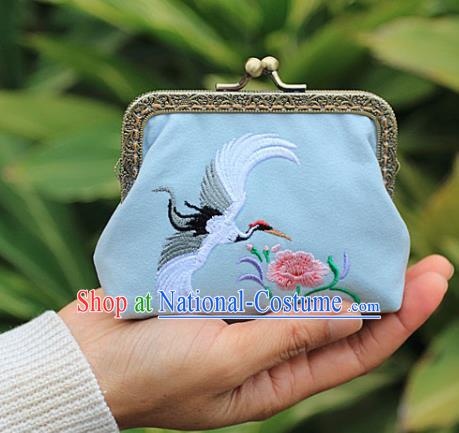 Chinese Traditional Handmade Embroidered Crane Flower Blue Wallet Retro Coin Purse Handbag for Women