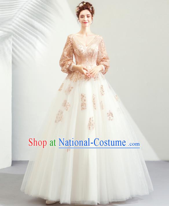 Top Grade Handmade Fancy Golden Lace Wedding Dress Princess Wedding Gown for Women