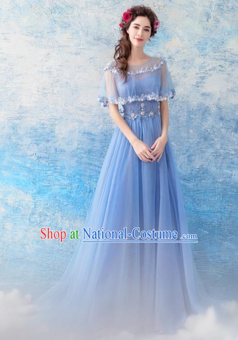 Top Grade Blue Veil Evening Dress Compere Costume Handmade Catwalks Angel Full Dress for Women