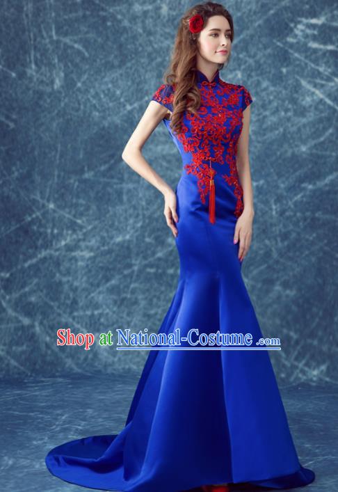 Chinese Traditional Full Dress Royalblue Silk Cheongsam for Women