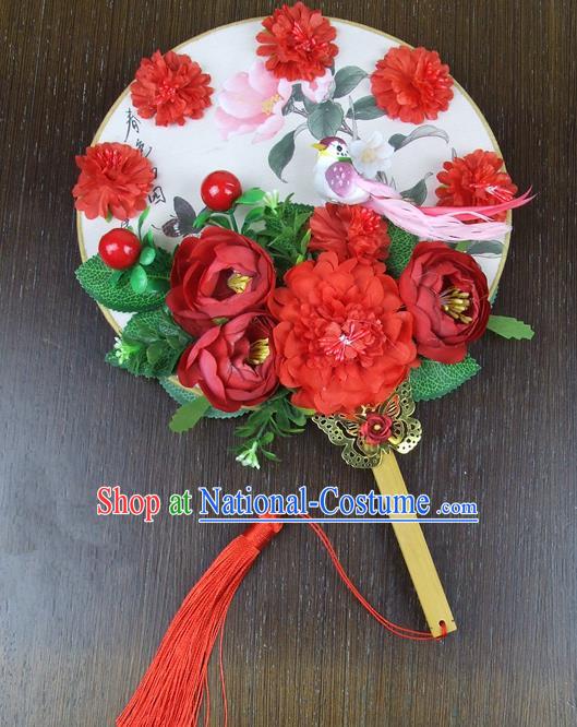 Chinese Traditional Wedding Round Fans Ancient Bride Handmade Red Peony Palace Fans for Women