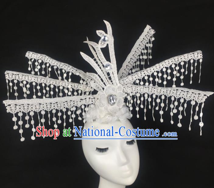 Top Grade Halloween Catwalks White Lace Tassel Hair Accessories Brazilian Carnival Headdress for Women