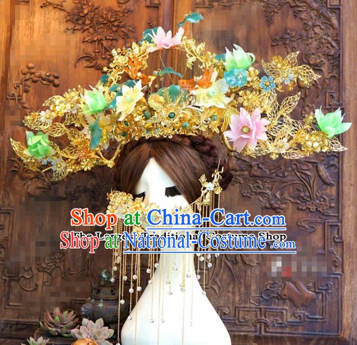Chinese Ancient Queen Luxurious Lotus Flowers Phoenix Coronet Wedding Bride Headdress Hairpins for Women