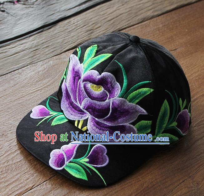 Chinese Traditional Embroidered Purple Peony Baseball Cap Yunnan Minority Black Hat for Women