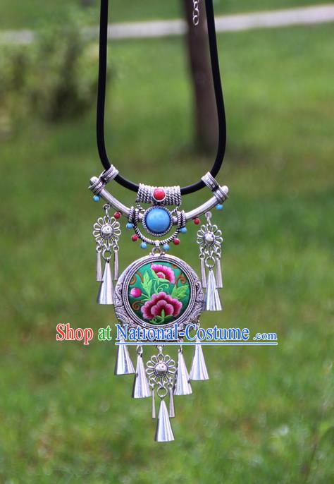 Chinese Traditional Minority Embroidered Peony Green Necklace Ethnic Folk Dance Accessories for Women