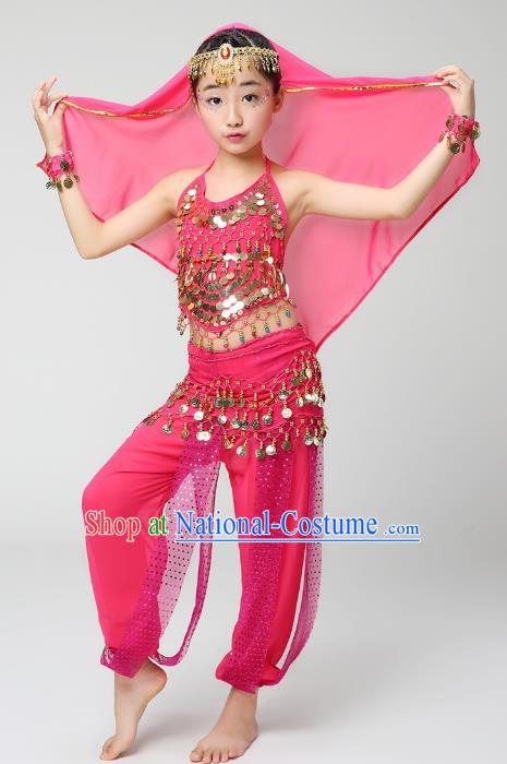 Traditional India Dance Pink Costume, Asian Indian Belly Dance Paillette Clothing for Kids