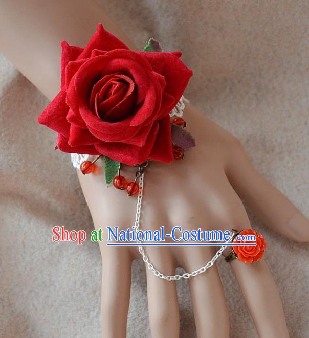 European Western Bride Wrist Flowers Vintage Renaissance Red Rose Bracelet with Ring for Women
