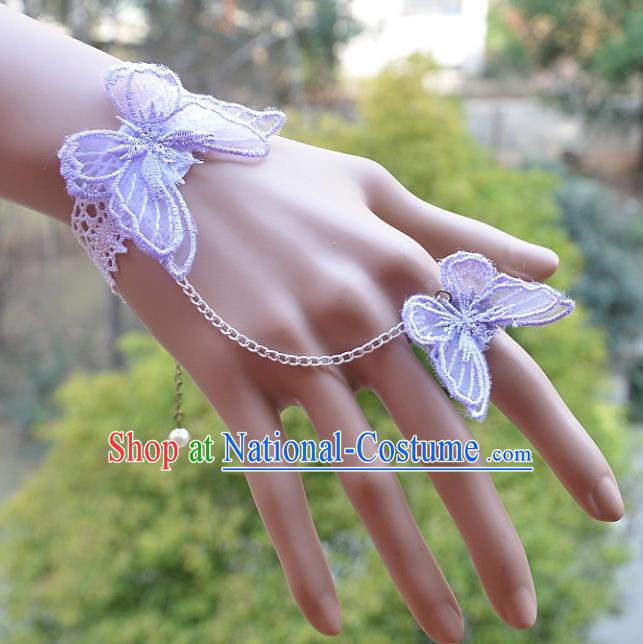 European Western Bride Vintage Jewelry Accessories Renaissance Purple Lace Butterfly Bracelet with Ring for Women