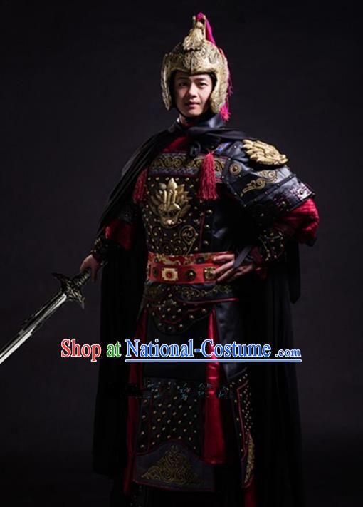 Traditional Chinese Stage Performance Costume Ancient Han Dynasty General Helmet and Armour for Men