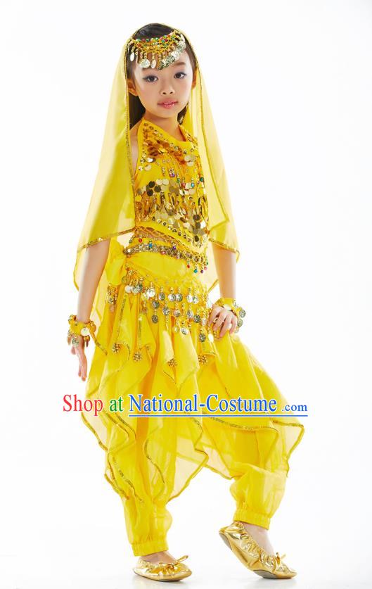 Asian Indian Belly Dance Costume Stage Performance India Raks Sharki Yellow Dress for Kids
