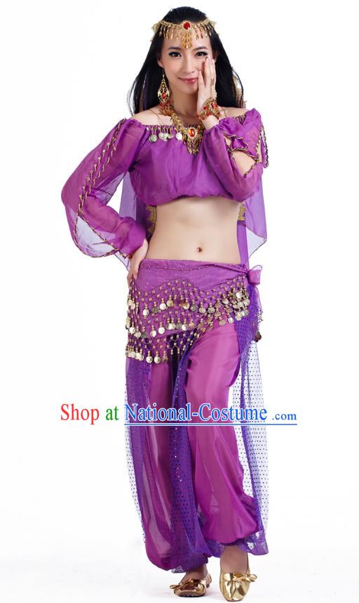 Top Indian Bollywood Belly Dance Purple Costume Oriental Dance Stage Performance Clothing for Women
