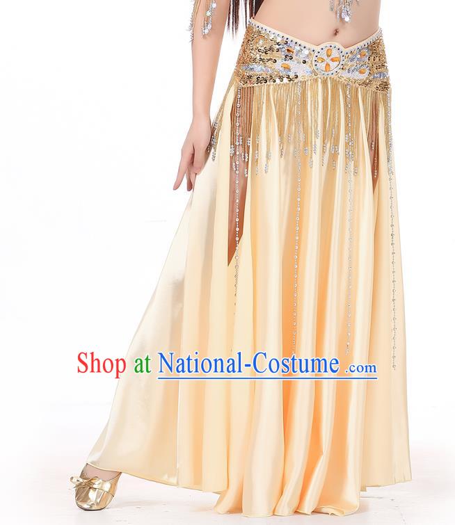Indian Belly Dance Costume Bollywood Oriental Dance Champagne Satin Skirt for Women