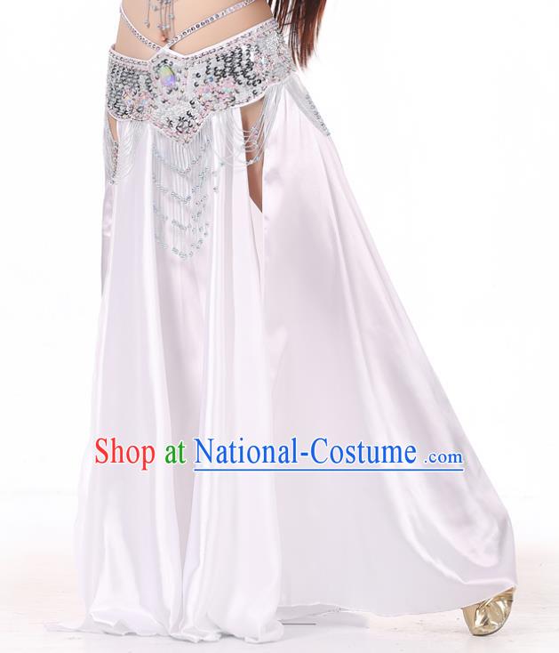 Indian Belly Dance Costume Bollywood Oriental Dance White Satin Skirt for Women