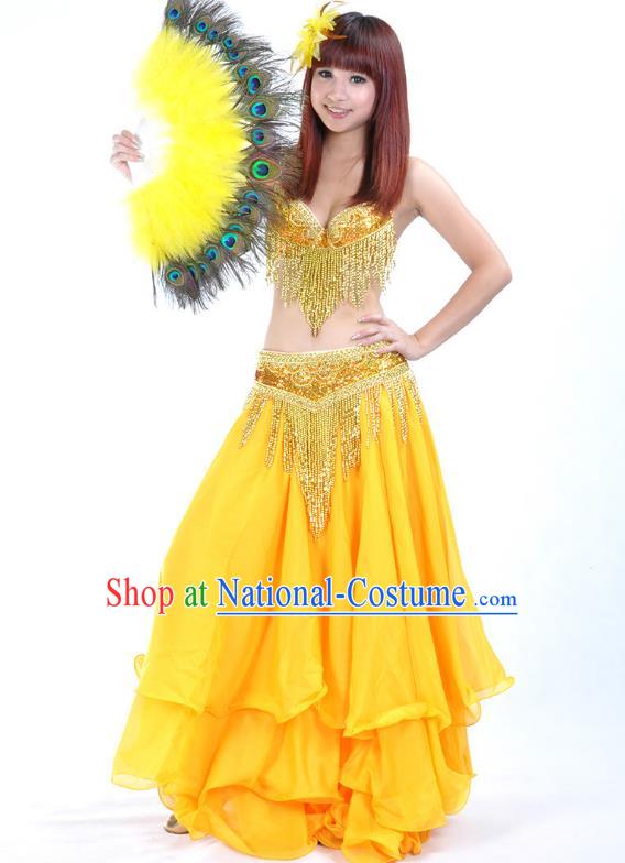 Indian Sexy Belly Dance Yellow Dress Clothing Asian India Oriental Dance Costume for Women