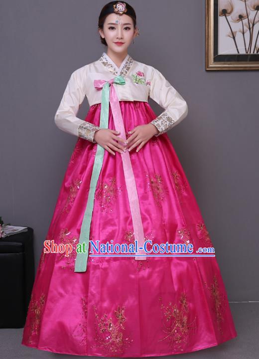 Asian Korean Dance Costumes Traditional Korean Hanbok Clothing White Blouse and Rosy Paillette Dress for Women