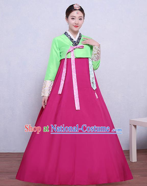 Asian Korean Dance Costumes Traditional Korean Dress Hanbok Clothing Green Blouse and Rosy Skirt for Women