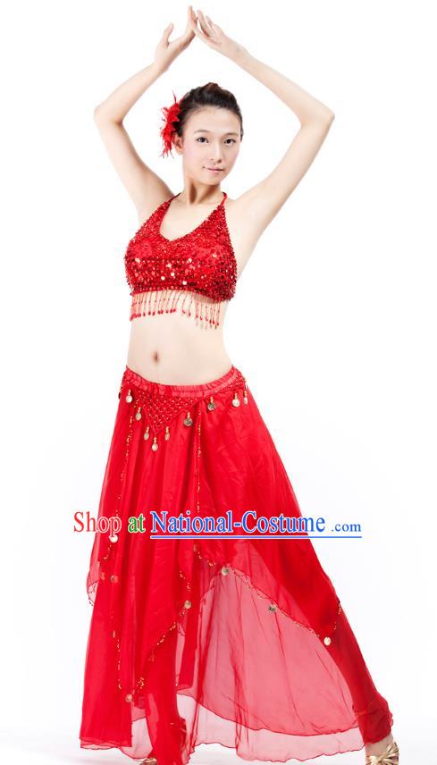 Indian Bollywood Belly Dance Red Tassel Dress Clothing Asian India Oriental Dance Costume for Women