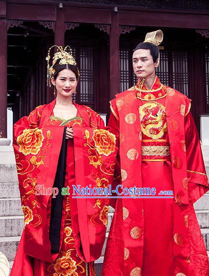 Ancient Chinese Tang Dynasty Emperor and Empress Embroidered Wedding Costume Complete Set