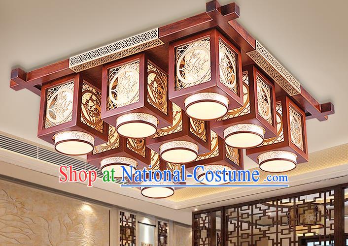 Traditional Chinese Handmade Palace Lantern Wood Carving Plum Blossom Nine-Lights Ceiling Lanterns Ancient Lamp