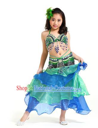 Asian Indian Children Belly Dance Blue and Green Dress Stage Performance Oriental Dance Clothing for Kids