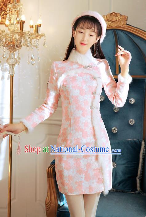 Traditional Chinese National Pink Wool Dress Tangsuit Cheongsam Clothing for Women