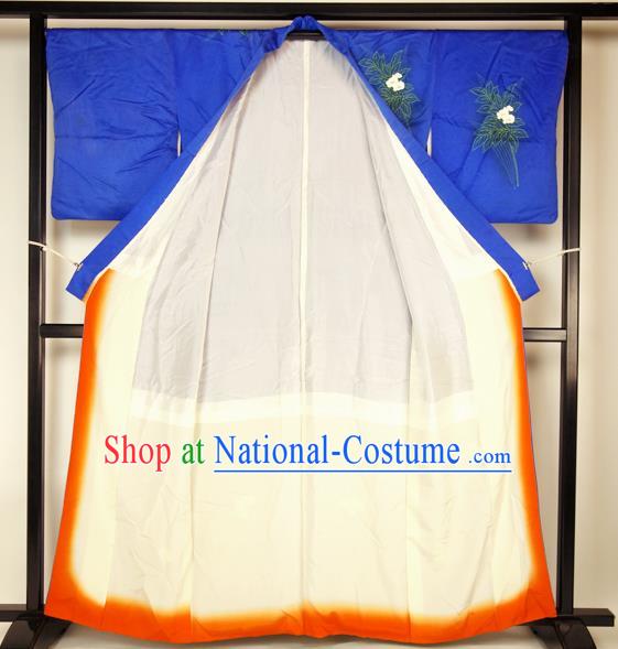 Ancient Japan Blue Furisode Kimonos Traditional Female Yukata Dress Formal Costume for Women