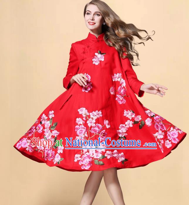 Chinese National Costume Embroidered Peach Blossom Red Qipao Dress Stand Collar Cheongsam for Women