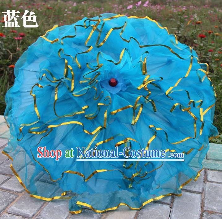 Top Grade Chinese Folk Dance Umbrella Yangko Dance Classical Dance Blue Silk Umbrella for Women